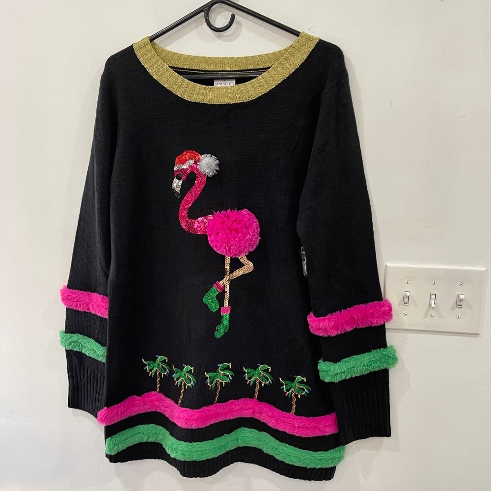 New 99 Jane Street Large Pink Flamingo Holiday Sweater Size XL- Ugly Sweater - Picture 3 of 4